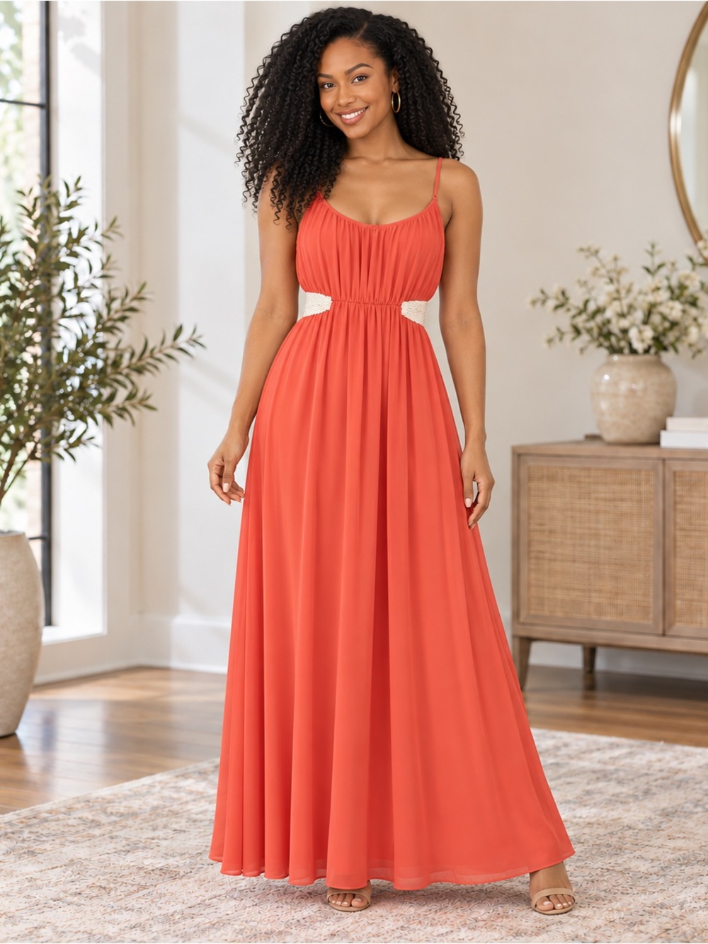 ASOS Petite Coral Orange Maxi Dress White Sequin Belt Size 4